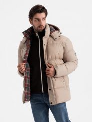 Męska kurtka puffer z podszewką w kratę – beżowa V2 OM-JAHP-0205 - XXL. Brązowe kurtki męskie Ombre Clothing, l, z aplikacjami, z bawełny, bez ramiączek, bez kaptura. W wyprzedaży za 199.99 zł.