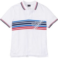 Shirt polo Slim Fit bonprix biały. Białe koszulki polo męskie bonprix, z nadrukiem, z kontrastowym kołnierzykiem. Za 37.99 zł.