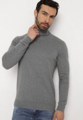 Szary Bawełniany Sweter z Golfem Jarelia. Szare swetry męskie Born2be, bez wzorów, z bawełny, eleganckie, bez kołnierzyka, bez ramiączek. Za 79.99 zł.