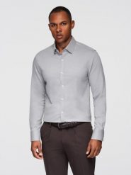 Męska koszula SLIM FIT z ozdobnej tkaniny – szara V2 - Rozmiar: XL. Szare koszule męskie Ombre Clothing, m, z aplikacjami, z bawełny, bez kołnierzyka, bez ramiączek. W wyprzedaży za 119.99 zł.