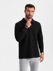 Bluza męska z kołnierzykiem polo ze strukturalnej dzianiny - czarna V8 OM-SSNZ-0149 - XL. Czarne bluzy rozpinane męskie Ombre Clothing, l, bez wzorów, z bawełny, bez ramiączek, bez kaptura. W wyprzedaży za 59.99 zł.