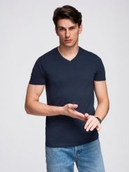 Męska klasyczna bawełniana koszulka z dekoltem w serek BASIC – granatowa V2 - Rozmiar: XXL. Niebieskie t-shirty męskie Ombre Clothing, m, bez wzorów, z bawełny, bez kołnierzyka, bez ramiączek. W wyprzedaży za 29.99 zł.