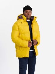 Kurtka męska typu puffer z podszewką w kratę – żółta V3 OM-JAHP-0205 - XXL. Żółte kurtki męskie Ombre Clothing, l, z aplikacjami, z bawełny, bez ramiączek, bez kaptura. W wyprzedaży za 199.99 zł.