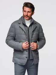 Kurtka męska o kroju marynarki z podpinką – szara V1 - Rozmiar: XL. Czarne kurtki męskie Ombre Clothing, m, bez wzorów, z materiału, eleganckie, bez ramiączek, bez kaptura. W wyprzedaży za 262.49 zł.