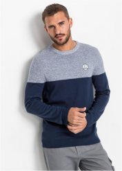 Sweter z gładkiej dzianiny we wzór colourblocking, z bawełną. Niebieskie swetry męskie bonprix, bez wzorów, z bawełny, sportowe, bez kołnierzyka, bez ramiączek. Za 104.99 zł.