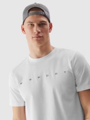 4F T-shirt regular z bawełny organicznej z nadrukiem męski - biały L. Białe t-shirty sportowe męskie 4f, l, bez wzorów, z bawełny, klasyczne, bez ramiączek. W wyprzedaży za 39.99 zł.