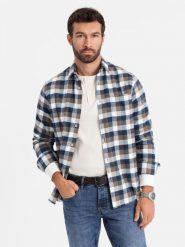 Klasyczna flanelowa męska koszula bawełniana w kratę - brązowo-granatowa V1 - Rozmiar: L. Niebieskie koszule męskie Ombre Clothing, l, bez wzorów, z bawełny, bez kołnierzyka, bez ramiączek. W wyprzedaży za 59.99 zł.