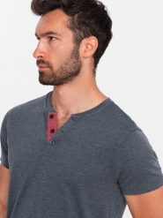 T-shirt męski z rozpinanym okrągłym dekoltem henley – granatowy V5 OM-TSCT-0155 - XXL. Niebieskie t-shirty męskie Ombre Clothing, l, bez wzorów, z bawełny, bez kołnierzyka, bez ramiączek. Za 65.99 zł.