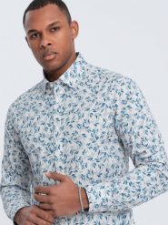 Koszula męska SLIM FIT w print gałązek - niebiesko-szara V2 OM-SHPS-0163 - XL. Szare koszule męskie Ombre Clothing, l, bez wzorów, z bawełny, bez kołnierzyka, bez ramiączek. W wyprzedaży za 69.99 zł.