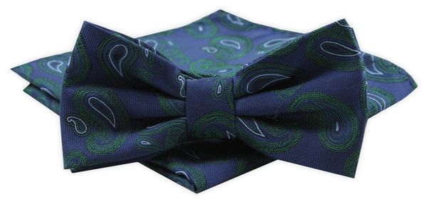 Mucha Męska Alties z Poszetką - Granat, Zielone Paisley. Niebieskie krawaty i muchy męskie Alties, bez wzorów, eleganckie. Za 54.00 zł.