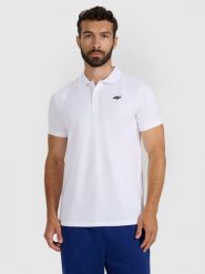 4F Koszulka polo regular męska - biała 3XL. Białe koszulki polo męskie 4f, m, bez wzorów, z bawełny, klasyczne, bez kołnierzyka, bez ramiączek. Za 89.99 zł.