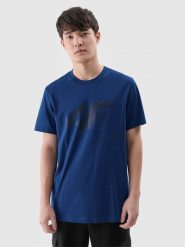 4F T-shirt regular z nadrukiem męski - turkusowy L. Niebieskie t-shirty męskie 4f, l, bez wzorów, z bawełny, bez kołnierzyka, bez ramiączek. Za 59.99 zł.