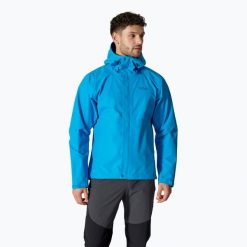 Kurtka przeciwdeszczowa męska Rab Downpour. Niebieskie kurtki męskie RAB, m, bez wzorów, bez ramiączek, bez kaptura. Za 509.99 zł.