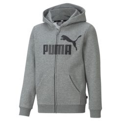 Młodzieżowa bluza z kapturem z dużym logo Essentials PUMA Medium Gray Heather. Szara bluzy rozpinane męskie Puma, m, bez wzorów, z kapturem. Za 204.35 zł.