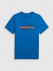 4F T-shirt regular z nadrukiem męski - niebieski S. Niebieskie t-shirty męskie 4f, m, bez wzorów, z bawełny, bez kołnierzyka, bez ramiączek. Za 59.99 zł.