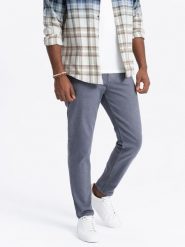 Spodnie męskie jeansowe bez przetarć SLIM FIT - granatowe V4 - Rozmiar: XL. Niebieskie długie spodnie sportowe męskie Ombre Clothing, bez wzorów, z bawełny. W wyprzedaży za 89.99 zł.