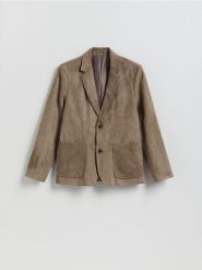 Marynarka regular fit z imitacji zamszu - ciemnozielony. Zielone marynarki męskie Reserved, l, bez wzorów. Za 199.99 zł.