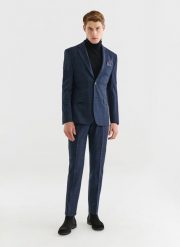 PAKO LORENTE – Granatowe spodnie garniturowe z wełną. Niebieskie eleganckie spodnie męskie Pako Lorente, bez wzorów, z lycry. Za 549.99 zł.