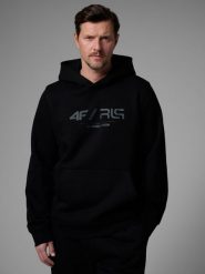 4F Bluza dresowa regular z kapturem męska 4F x Robert Lewandowski - czarna L. Czarne bluzy nierozpinane męskie 4f, l, bez wzorów, z bawełny, sportowe, bez ramiączek, z kapturem. Za 199.99 zł.