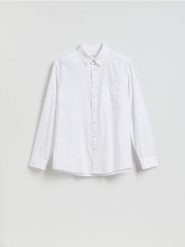 Koszula regular z lnem - biały. Białe koszule męskie Reserved, l, bez wzorów, z tkaniny, bez kołnierzyka, bez ramiączek. Za 129.99 zł.