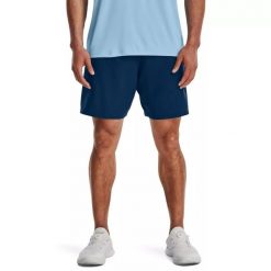 Spodenki krótkie męskie Under Armour Woven Graphic Shorts. Niebieskie szorty sportowe męskie Under Armour, bez wzorów, z poliesteru, sportowe. Za 99.99 zł.