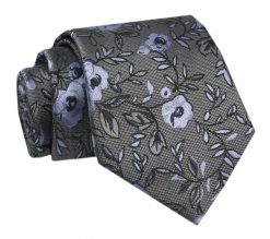 Krawat - ALTIES - Szary w Niebieskie Kwiaty. Szare krawaty i muchy męskie Alties, bez wzorów, z tkaniny, eleganckie. Za 49.00 zł.