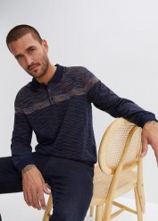Shirt polo z długim rękawem. Niebieskie koszulki polo męskie bonprix, l, bez wzorów, bez kołnierzyka, bez ramiączek. Za 109.99 zł.