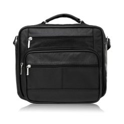 Skórzana torba męska na ramię do pracy na co dzień Abruzzo ABR-16. Czarne torby męskie na ramię z aplikacjami, z materiału, biznesowe, do ręki. Za 164.00 zł.