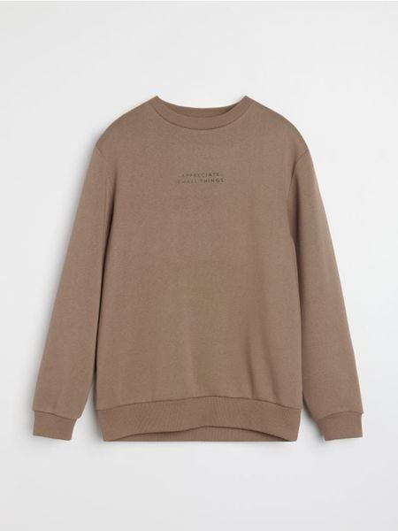 Bluza crewneck z napisem - brązowy. Brązowe bluzy nierozpinane męskie Sinsay, l, bez wzorów, bez ramiączek, bez kaptura. Za 39.99 zł.