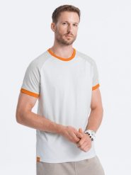 T-shirt męski bawełniany z reglanem - szaro-biały V2 - Rozmiar: M. Szare t-shirty męskie Ombre Clothing, m, z aplikacjami, z bawełny, bez kołnierzyka, bez ramiączek. W wyprzedaży za 19.99 zł.