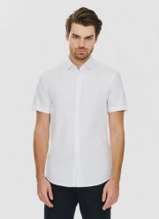 PAKO LORENTE – Biała koszula męska z krótkim rękawem. Białe koszule męskie Pako Lorente, m, bez wzorów, bez kołnierzyka, bez ramiączek. Za 69.99 zł.