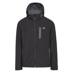 Kurtka turystyczna męska Trespass Accelator II softshell 8K. Czarne kurtki męskie Trespass, m, bez wzorów, z elastanu, bez ramiączek, bez kaptura. Za 205.00 zł.