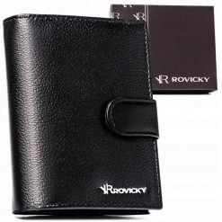 Portfel skórzany Rovicky R-N4L-PDM czarny. Czarne portfele męskie ROVICKY, bez wzorów, ze skóry. Za 54.99 zł.