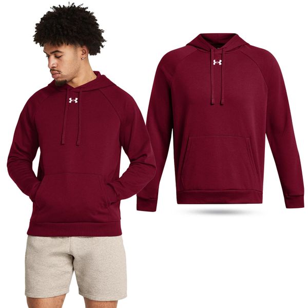 Bluza fitness męska UNDER ARMOUR Rival Fleece Hoodie z kapturem. Czerwone bluzy nierozpinane męskie Under Armour, m, bez wzorów, sportowe, bez ramiączek, z kapturem. Za 193.99 zł.