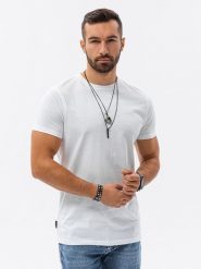 T-shirt męski bawełniany BASIC - biały. Białe t-shirty męskie Ombre Clothing, m, bez wzorów, z bawełny, bez kołnierzyka, bez ramiączek. Za 49.99 zł.