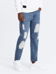 Męskie jeansowe spodnie TAPERED FIT z dziurami ciemnoniebieskie V3 OM-PADP-0175 L. Niebieskie długie spodnie sportowe męskie Ombre, bez wzorów, z jeansu. Za 285.94 zł.