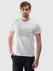 4F T-shirt regular z nadrukiem męski - biały XXL. Białe t-shirty męskie 4f, m, bez wzorów, z bawełny, bez kołnierzyka, bez ramiączek. W wyprzedaży za 39.99 zł.