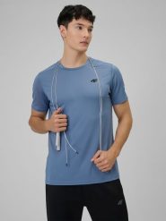 4F Koszulka treningowa regular szybkoschnąca męska - granatowa S. Niebieskie t-shirty męskie 4f, m, bez wzorów, ze skóry, bez kołnierzyka, bez ramiączek. Za 79.99 zł.