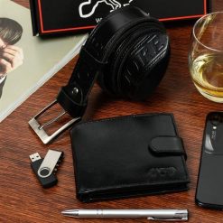 Zestaw męski skórzany premium Beltimore portfel pasek U28 : Kolory - czarny, Rozmiar pasków - r.110-125 cm. Czarne paski męskie bez wzorów. Za 114.90 zł.