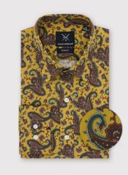 PAKO LORENTE – Koszula męska we wzór paisley P22WF-1X-031-Y-S. Żółte koszule męskie Pako Lorente, m, bez wzorów, z bawełny, bez kołnierzyka, bez ramiączek. Za 149.99 zł.