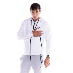 Męska, miękka bluza z kapturem i zamkiem błyskawicznym z ikoną lwa. Białe bluzy z kapturem męskie LEONE 1947 APPAREL, l, bez wzorów, z tkaniny, z kapturem. W wyprzedaży za 195.65 zł.