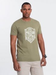 T-shirt męski z nadrukiem w stylu motocyklowym – oliwkowy V2 - Rozmiar: M. Zielone t-shirty męskie Ombre Clothing, l, bez wzorów, z bawełny, bez kołnierzyka, bez ramiączek. W wyprzedaży za 24.99 zł.