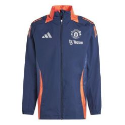 Kurtka dresowa zewnętrzna Manchester United 2024/25. Niebieskie kurtki męskie ADIDAS, bez wzorów, z dresówki, sportowe, bez ramiączek, bez kaptura. W wyprzedaży za 325.00 zł.