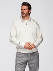 Męska bluza z rozpinaną wysoką stójką i kontrastowym nadrukiem ecru V2 OM-SSZP-0211 M. Bluzy rozpinane męskie Ombre, m, bez wzorów, bez ramiączek, bez kaptura. Za 287.44 zł.
