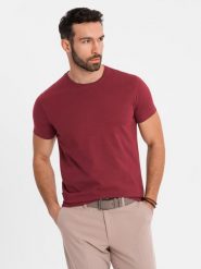 Klasyczny T-shirt męski bawełniany BASIC - bordowy V16 OM-TSBS-0236 - XXL. Czerwone t-shirty męskie Ombre Clothing, l, bez wzorów, z bawełny, bez kołnierzyka, bez ramiączek. W wyprzedaży za 39.99 zł.