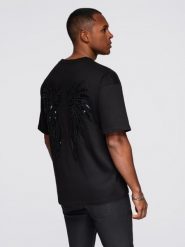 Męska bawełniana koszulka z cekinowym motywem skrzydeł na plecach - czarna V1 - Rozmiar: S. Czarne t-shirty męskie Ombre Clothing, m, z aplikacjami, z bawełny, bez kołnierzyka, bez ramiączek. Za 289.99 zł.