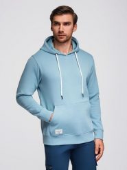 Bluza męska dresowa kangurka z kapturem - niebieska V7 - Rozmiar: L. Niebieskie bluzy nierozpinane męskie Ombre Clothing, l, bez wzorów, z bawełny, z kapturem. W wyprzedaży za 116.99 zł.