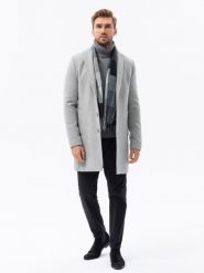 Klasyczny płaszcz męski - szary V2 - Rozmiar: XL. Szare płaszcze męskie Ombre Clothing, m, bez wzorów, z poliesteru, klasyczne, bez kaptura. W wyprzedaży za 337.49 zł.
