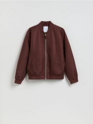 Kurtka bomberka ze stójką - ciemnobrązowy. Brązowe kurtki męskie Reserved, l, bez wzorów, bez ramiączek, bez kaptura. Za 199.99 zł.