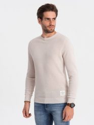 Sweter męski z teksturą i półokrągłym dekoltem - beżowy V6 - Rozmiar: XXL. Brązowe swetry męskie Ombre Clothing, z aplikacjami, z bawełny, bez kołnierzyka, bez ramiączek. W wyprzedaży za 59.99 zł.